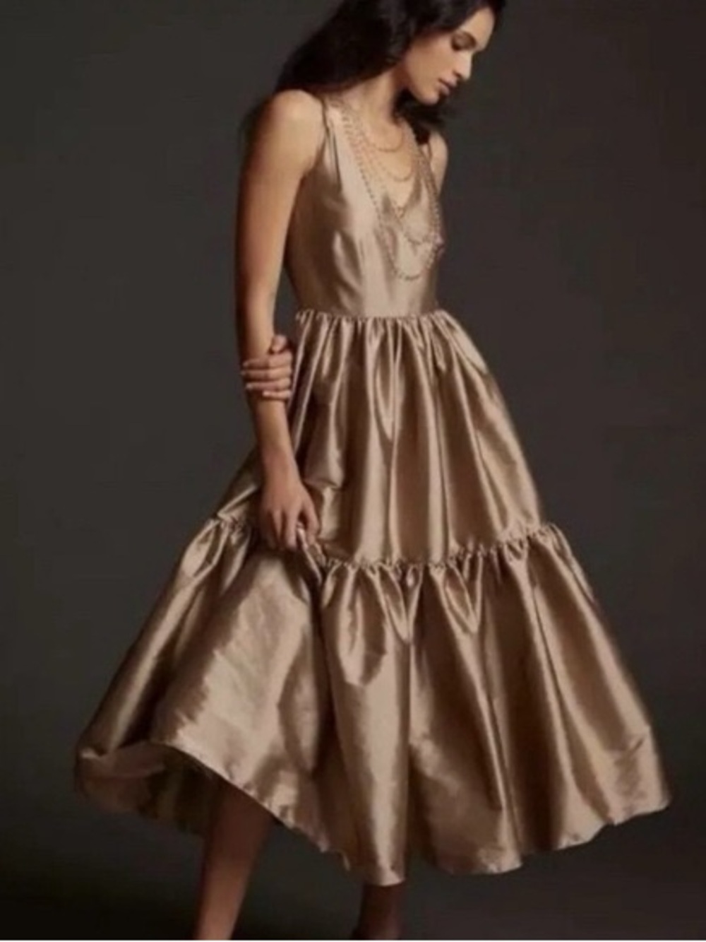 Anthropologie Bloni brown champagne bronze tiered formal dress